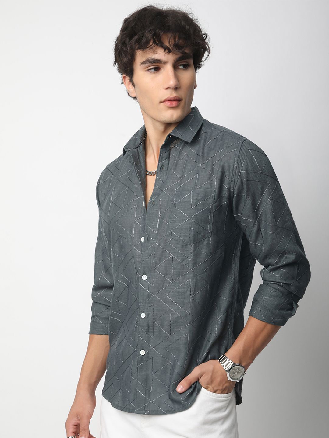 VASTRADO Men Classic Spread Collar Geometric Checked Cotton Slim Fit Casual Shirt
