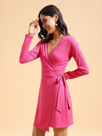 Tokyo Talkies Pink V-Neck Tie Detail Front Wrap Style Mini Dress