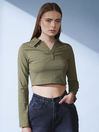 STREET 9 BASICS Olive Green Polo Collar Ribbed Slim Fit Crop T-shirt