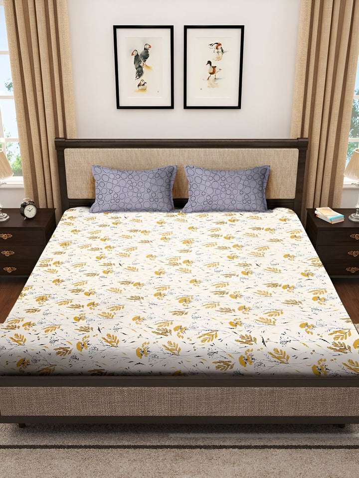 KLOTTHE White Floral Cotton 300 TC King Cadar Halus dengan 2 Sarung Bantal-106 x 106 inci