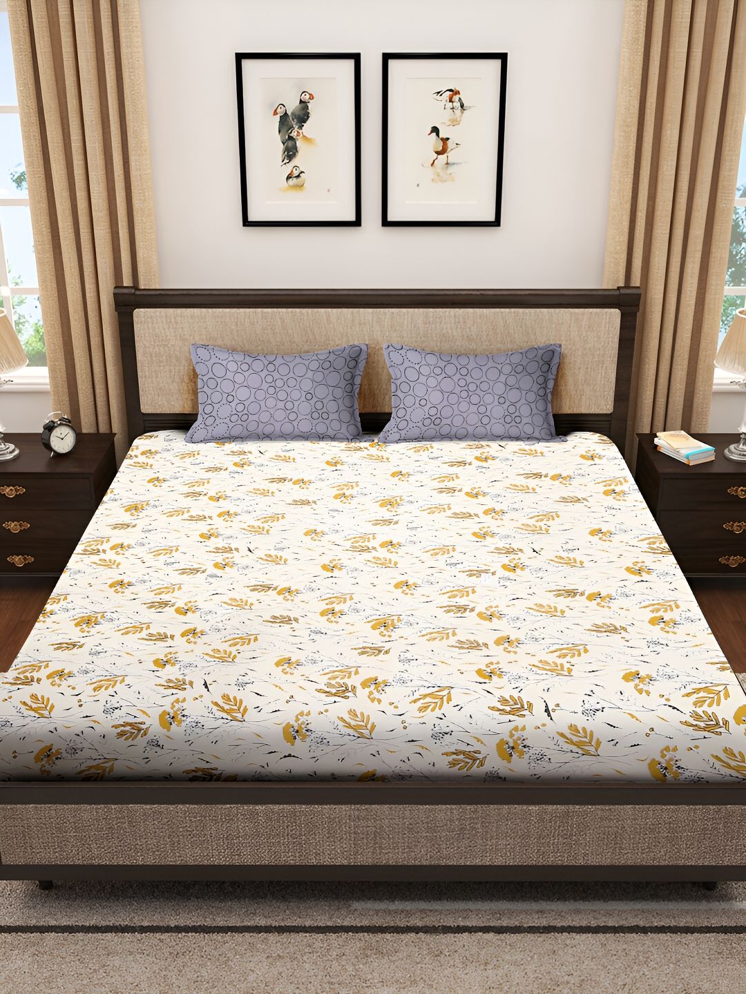 KLOTTHE White Floral Cotton 300 TC King Cadar Halus dengan 2 Sarung Bantal-106 x 106 inci