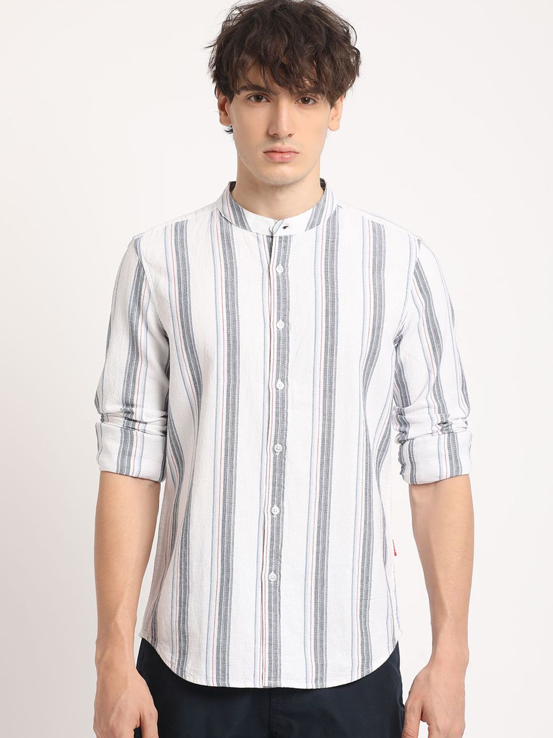 THE BEAR HOUSE Pure Cotton Striped Slim Fit Mandarin Collar Casual Shirt