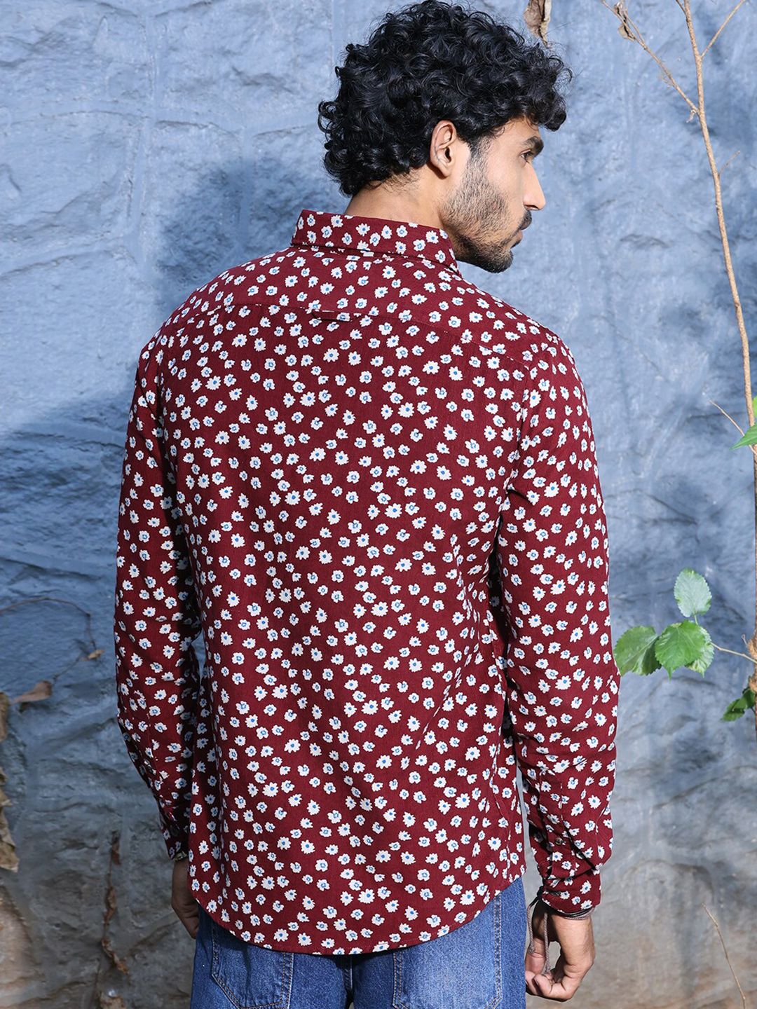 Thomas Scott Standard Slim Fit Floral Printed Pure Cotton Corduroy Casual Shirt