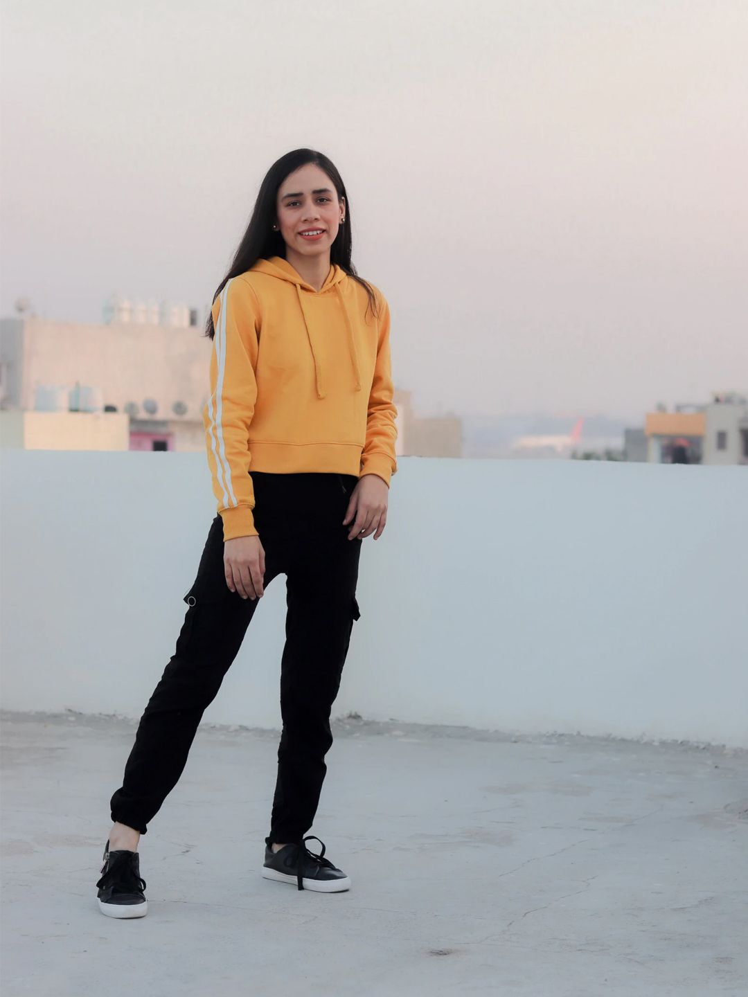 Tokyo Talkies Women Mustard Solid Hooded Sweatshirt