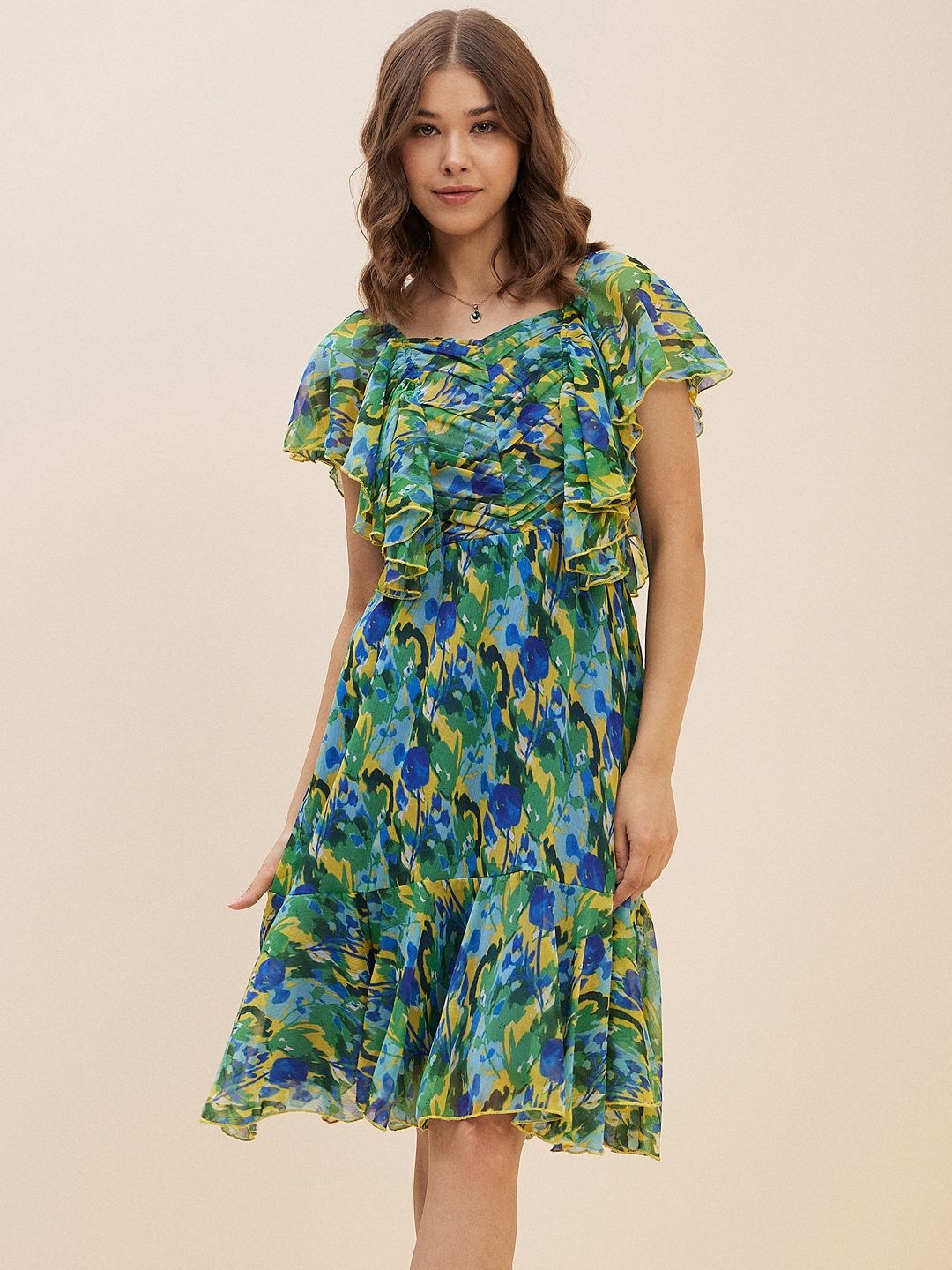 Antheaa Green Floral Print Flutter Sleeve Chiffon Fit & Flare Dress