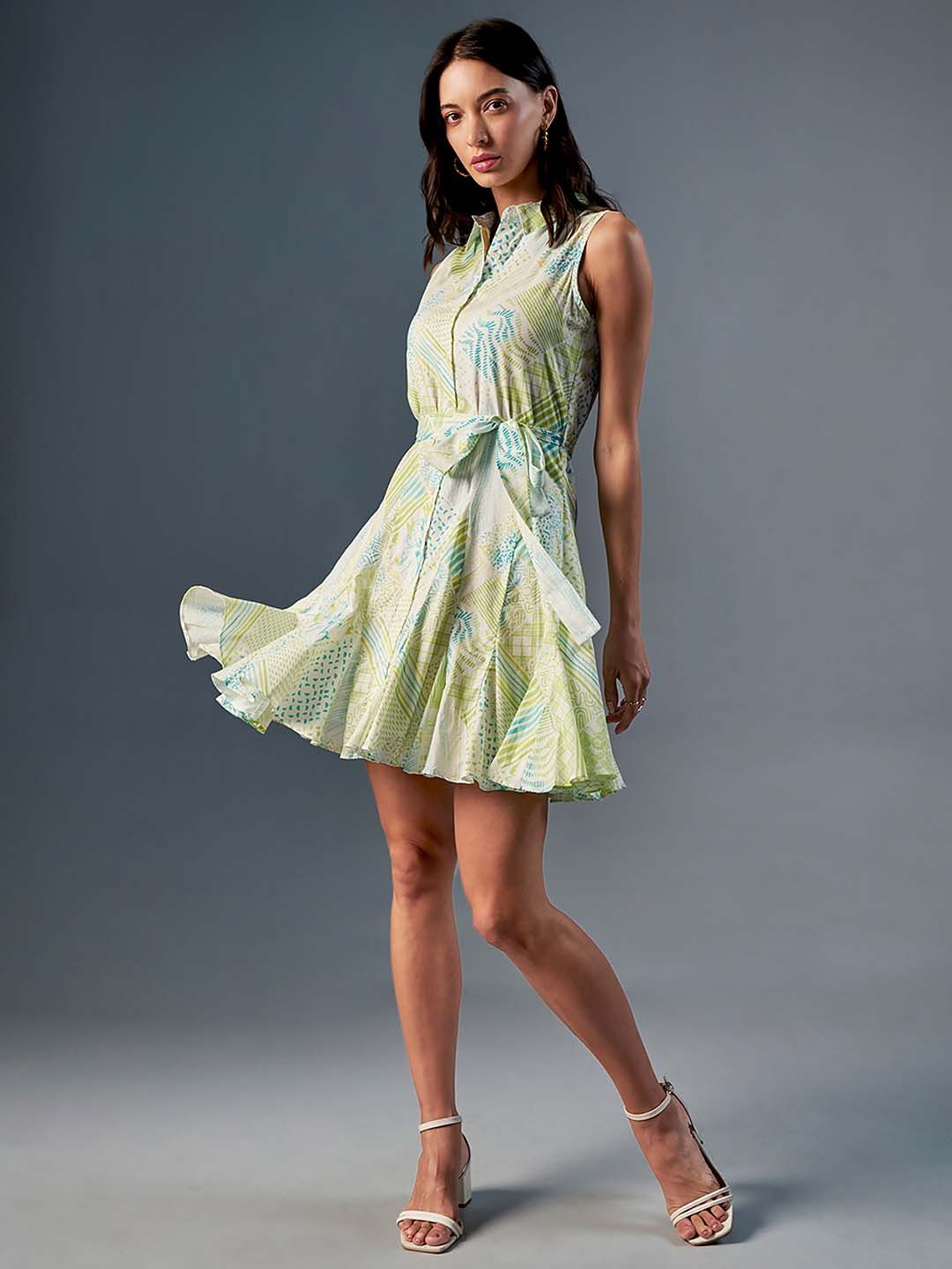 AND Shirt Collar Sleeveless Print A-Line Cotton Dress
