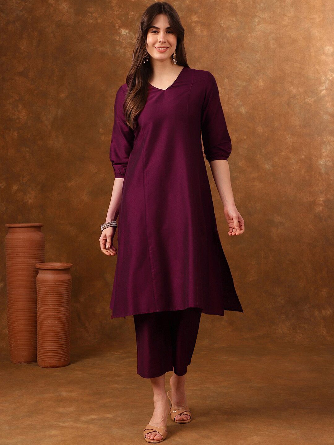 Anouk V-Neck Three-Quarter Sleeves Panelled Kurta with Palazzos