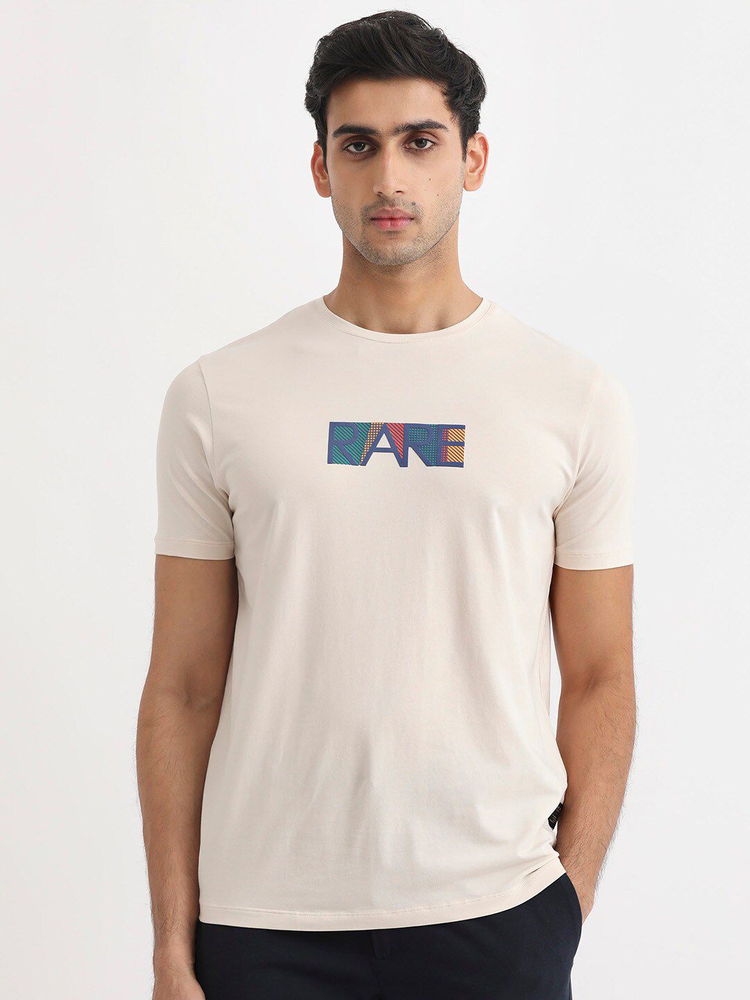 RARE RABBIT Men Caxton Typography Printed Pure Cotton Slim Fit T-Shirt