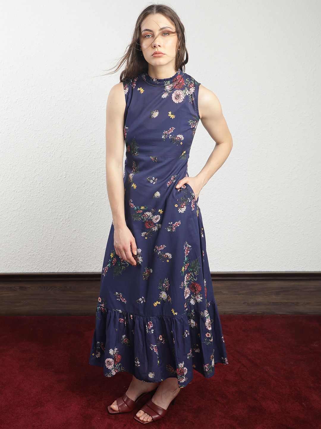 RAREISM High Neck Floral Printed A-Line Dress
