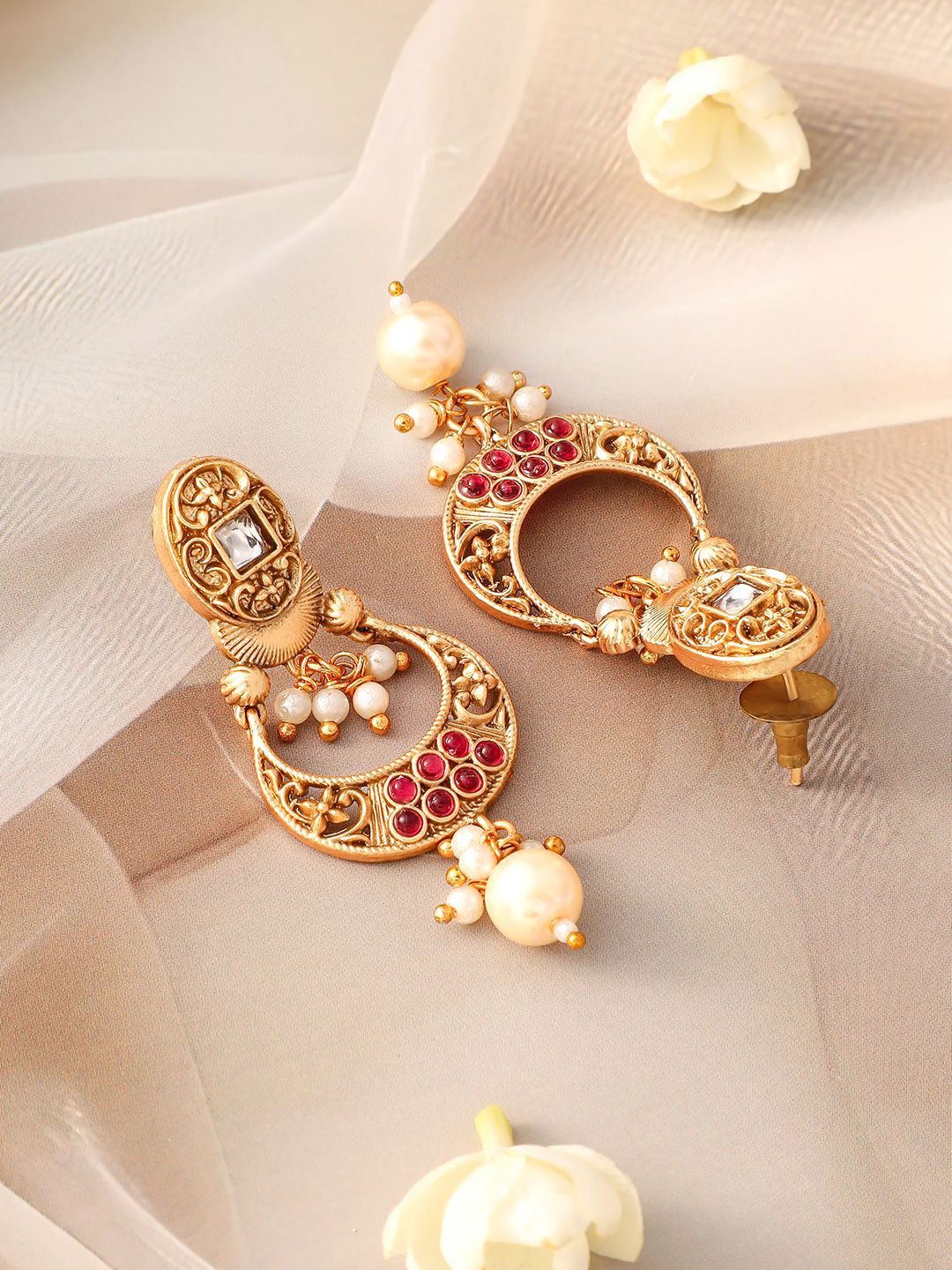 Rubans 24K Gold-Plated Ruby, Kundan Studded & Pearl Drops Rectangle Motif Necklace Set