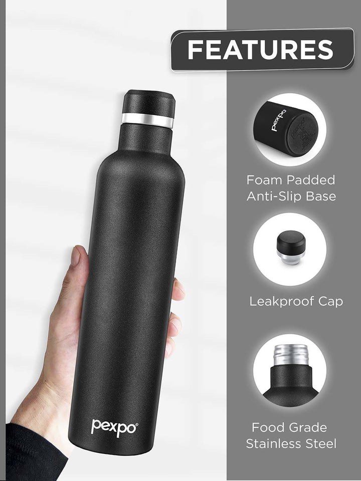 Pexpo Oreo Black Thermosteel ISI Certified 24 Hrs Hot Vacuum Flask Water Bottle 1000ml