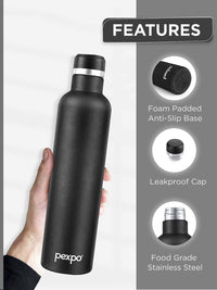 Pexpo Oreo Black Thermosteel ISI Certified 24 Hrs Hot Vacuum Flask Water Bottle 1000ml