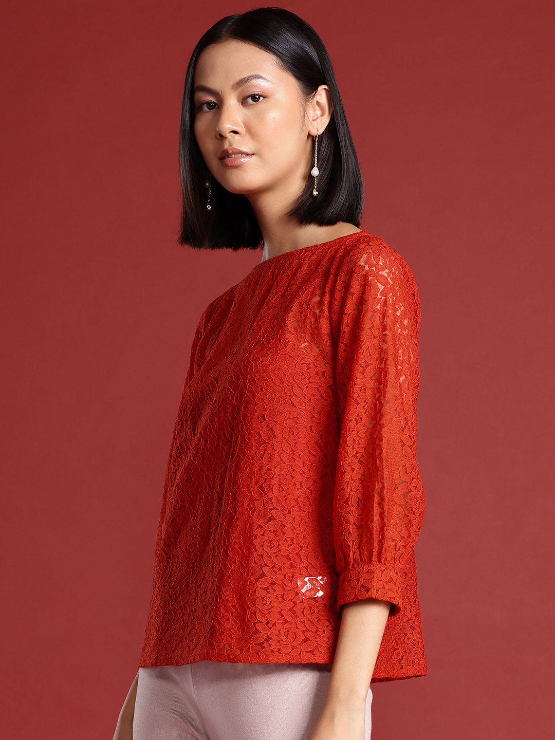 all about you Puff Sleeves Lace-Inserted Top