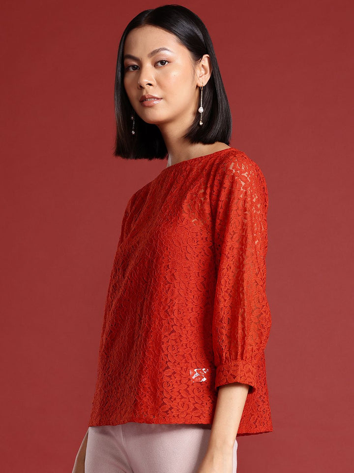 all about you Puff Sleeves Lace-Inserted Top