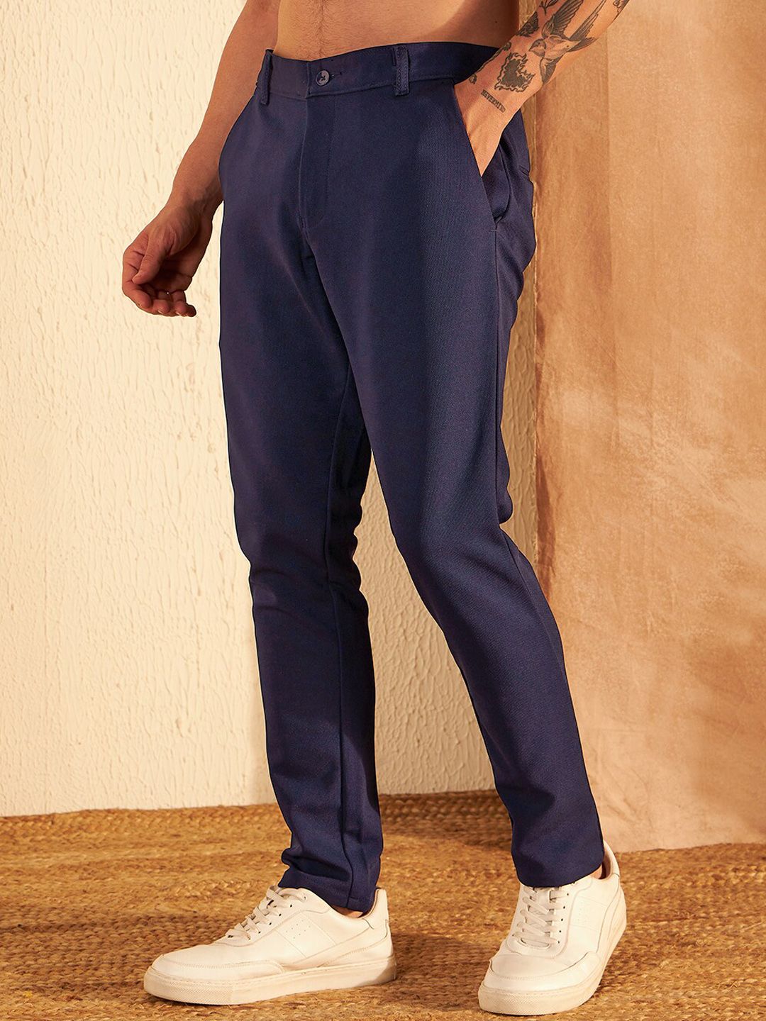 DENNISON Men Mid-Rise Textured Smart Fit Easy Wash 4-Way Lycra Trouser