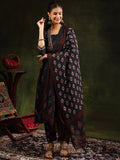 KALINI Floral Printed V-Neck Pleated A-Line Kurta With Trouser And Dupatta