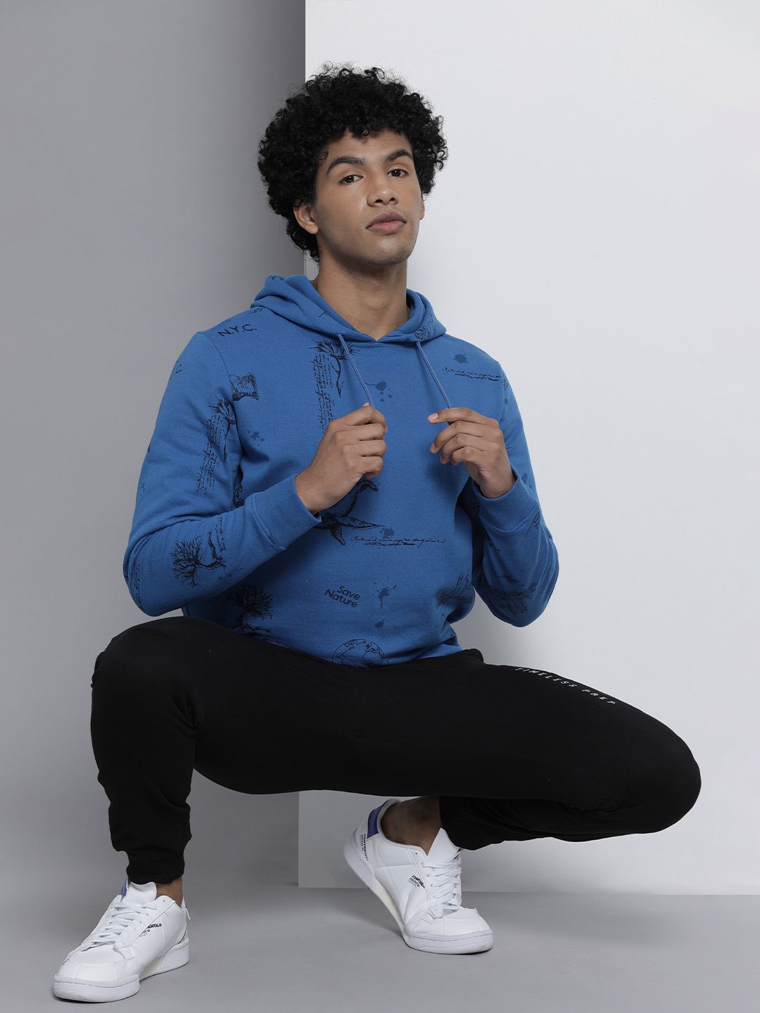 The Indian Garage Co Men Blue Printed Hooded Sweatshirt