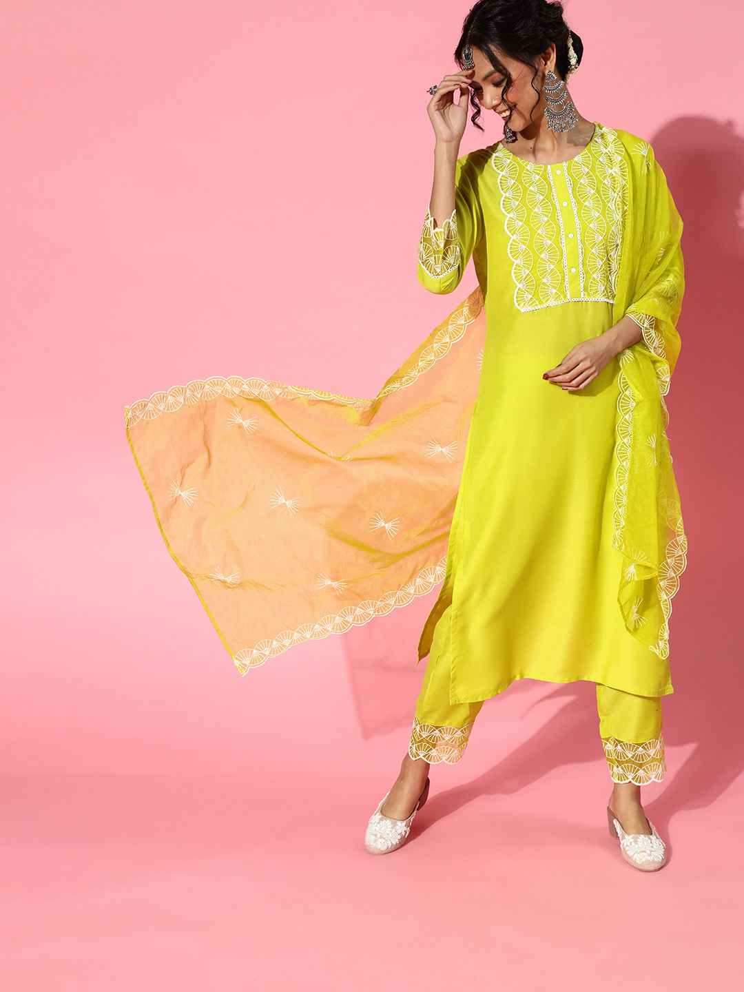 Indo Era Lime Green Silk Blend Scalloped Edge Kurta Set
