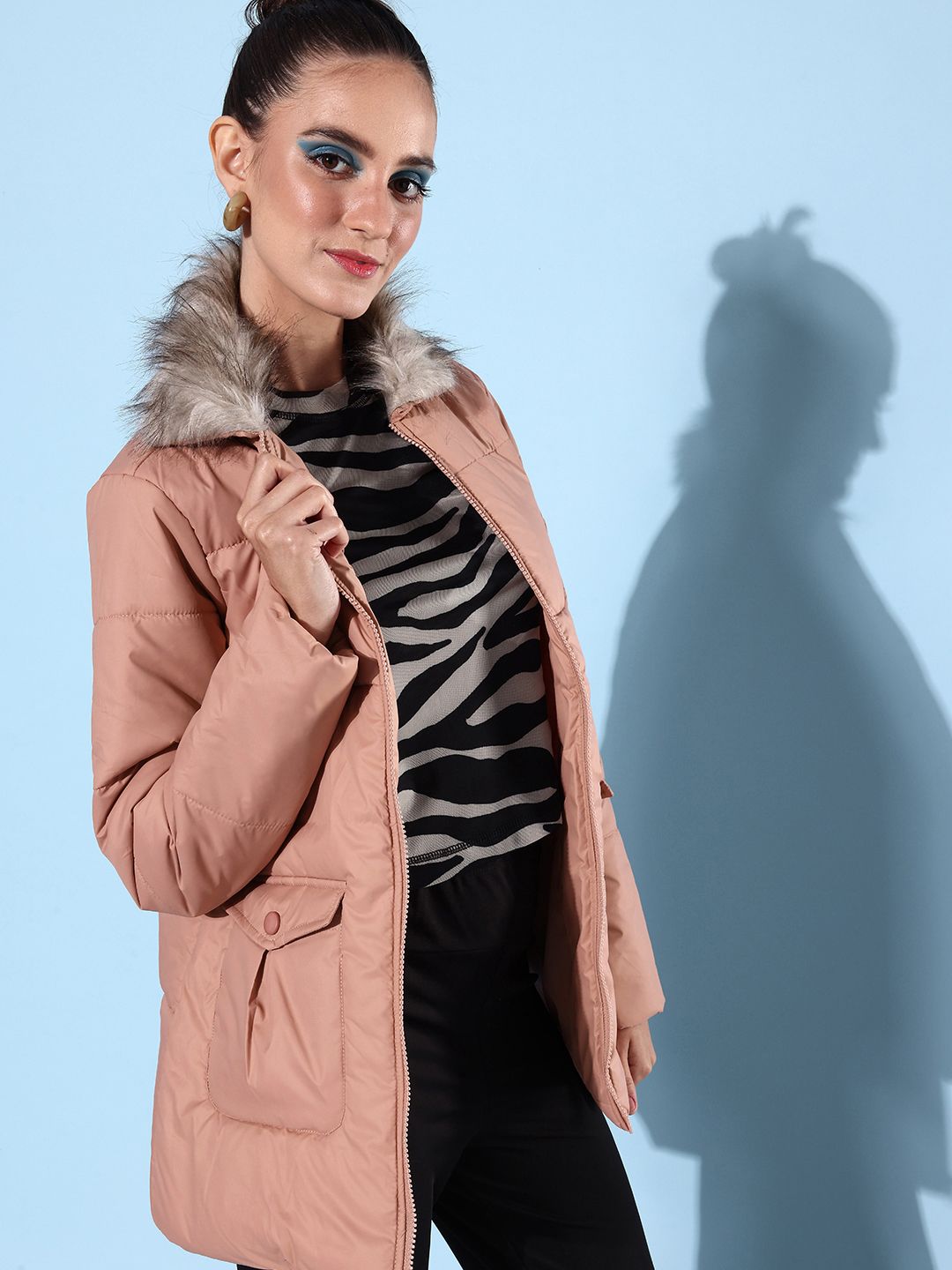 DressBerry Women Longline Padded Jacket With Faux Fur Trim Detail