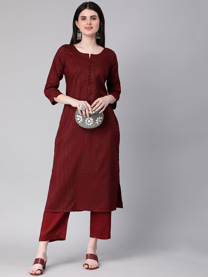 KALINI Striped Round Neck Three-Quarter Sleeves Thread Work Kurta with Trousers