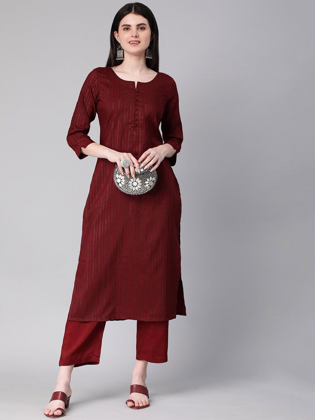KALINI Striped Round Neck Three-Quarter Sleeves Thread Work Kurta with Trousers