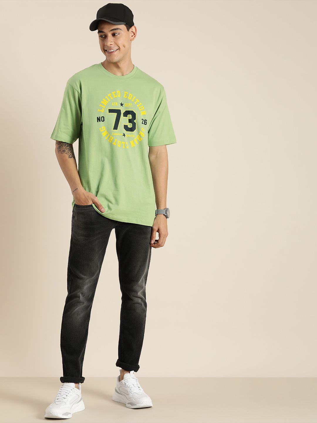 DILLINGER Men Green & Black Printed Drop-Shoulder Sleeves Pure Cotton Oversized T-shirt