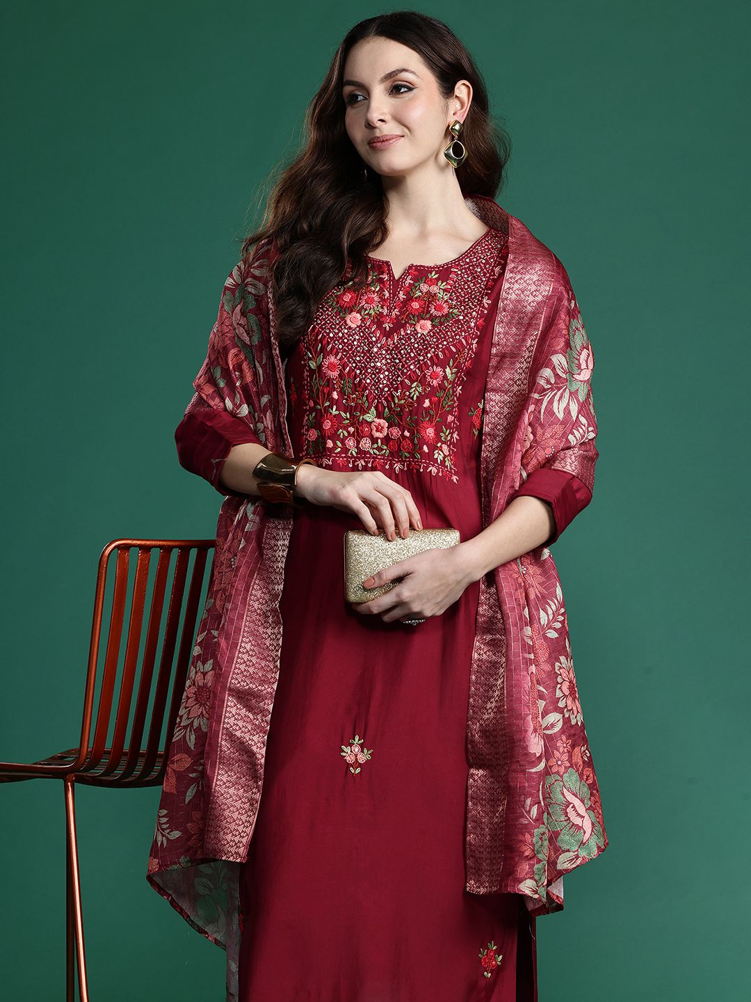 Indo Era Floral Embroidered Thread Work Kurta with Trousers & With Dupatta