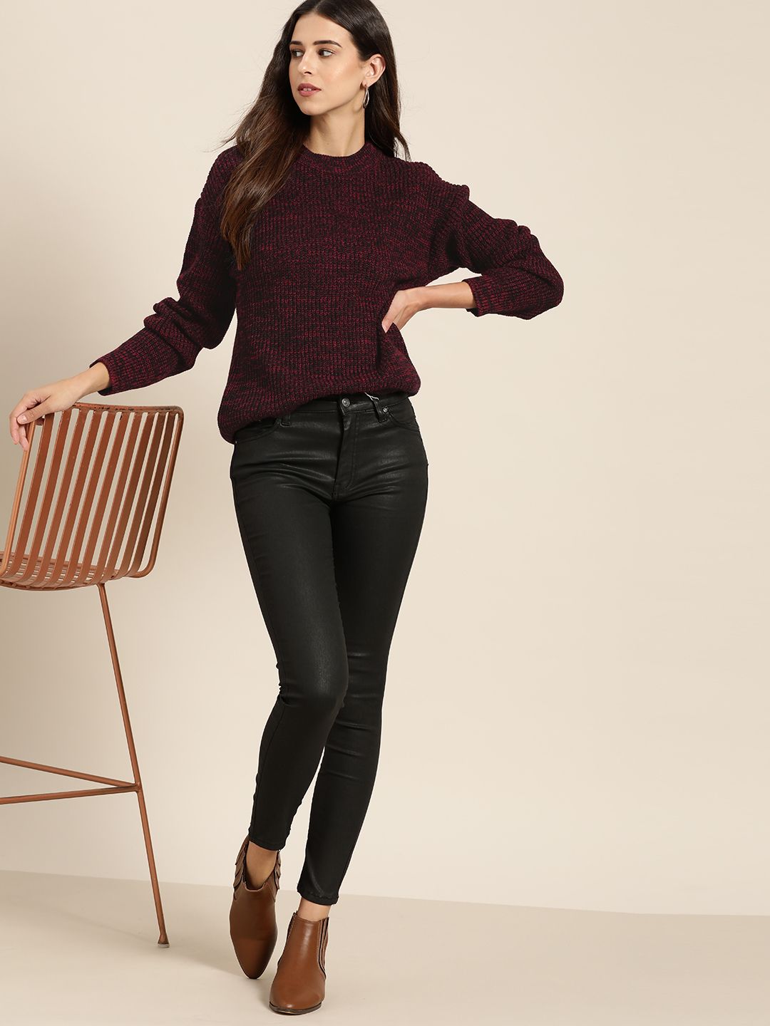 all about you Women Red & Black Woven Design Pullover