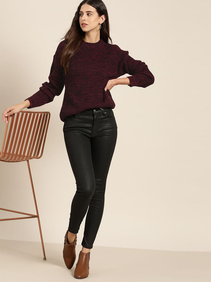 all about you Women Red & Black Woven Design Pullover