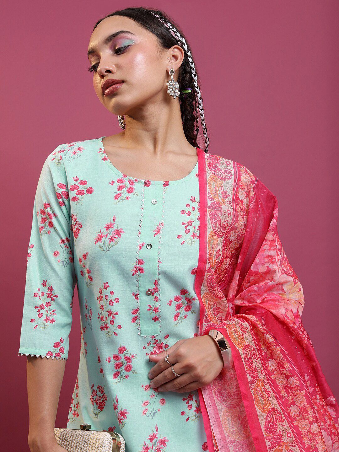 Vishudh Blue Floral Printed Gotta Patti Straight Kurta with Trousers & Dupatta