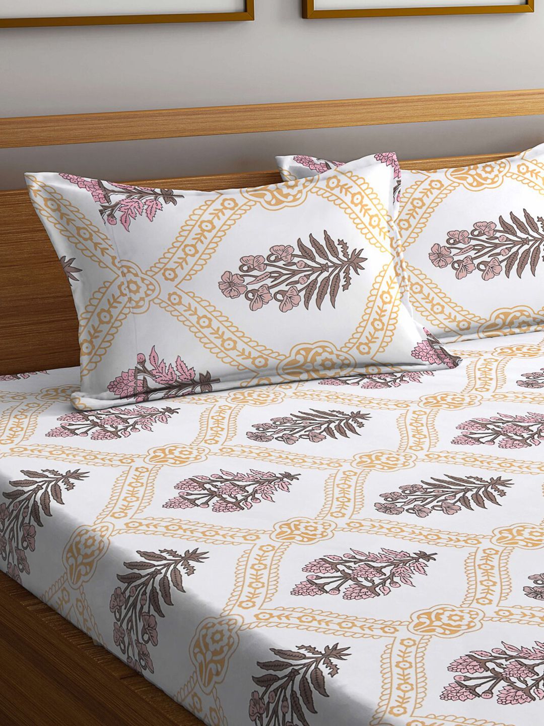 KLOTTHE White Floral Cotton 300 TC King Fine Bedsheet with 2 Pillow Covers-250 x 225 cm