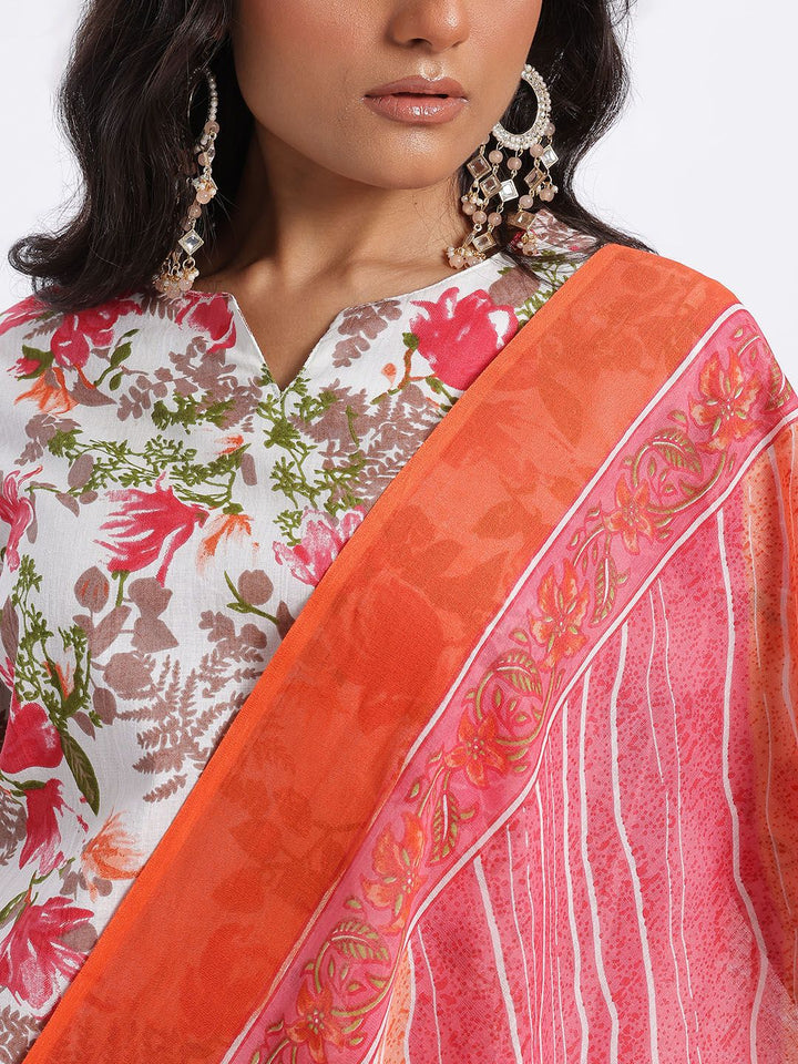 Anouk Floral Printed Pure Cotton Kurta with Trousers & Dupatta