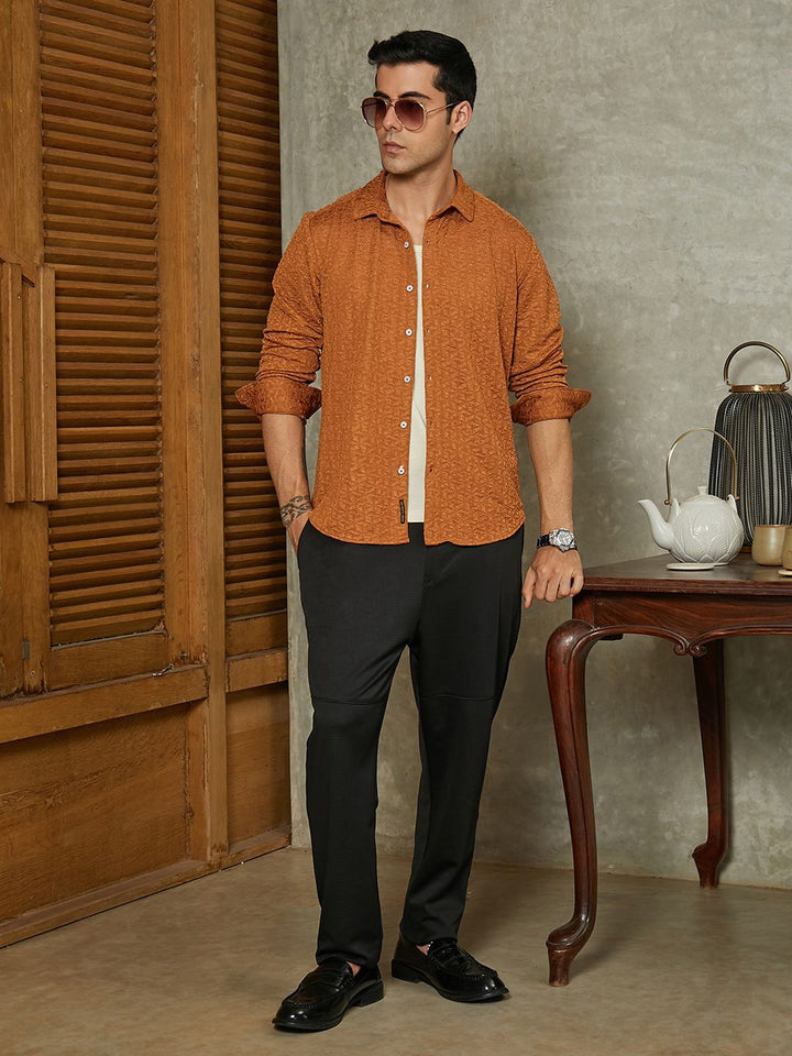 Campus Sutra Self Design Spread Collar Long Sleeves Cotton Comfort Shirt