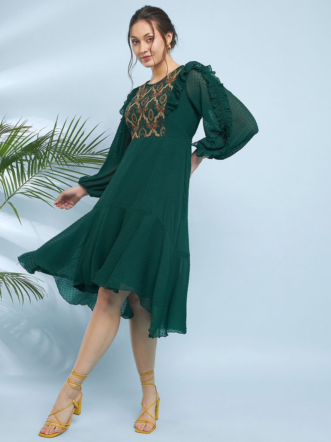 Antheaa Embroidered Puff Sleeve Fit & Flare Midi Dress