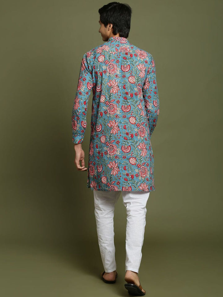 VASTRAMAY Floral Printed Regular Mandarin Collar Pure Cotton Kurta with Pyjamas