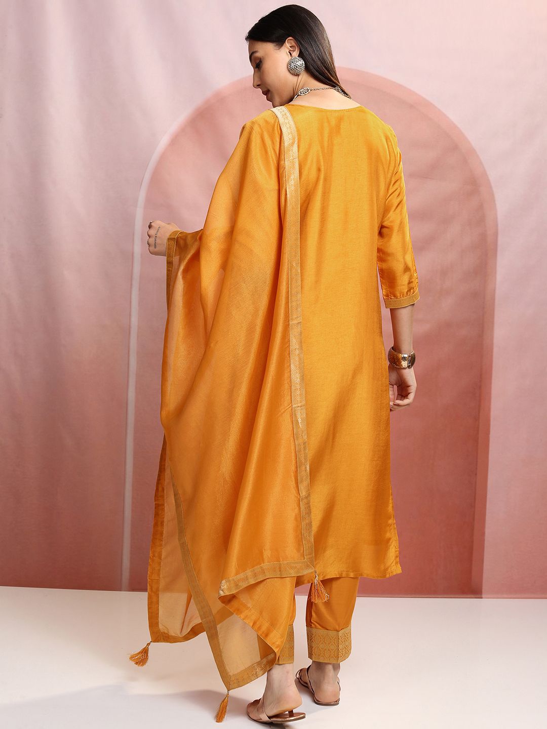 Vishudh Mustard Yellow Ethnic Motifs Embroidered Straight Kurta & Trousers With Dupatta