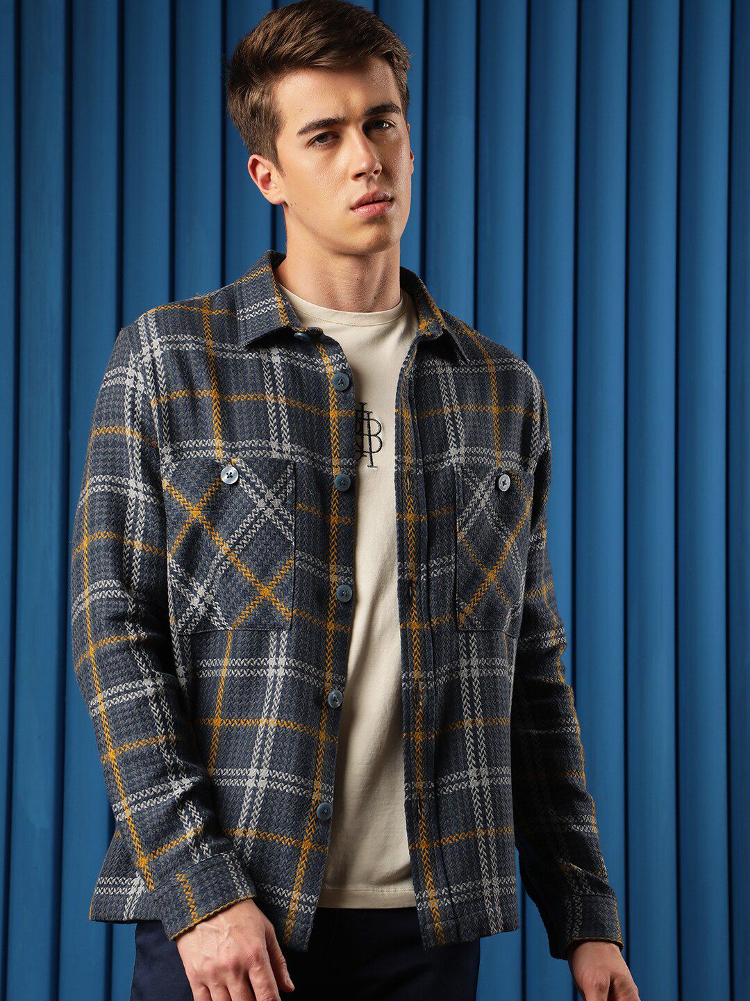 RARE RABBIT Men Hunter Tailored Fit Checked Denim Jacket
