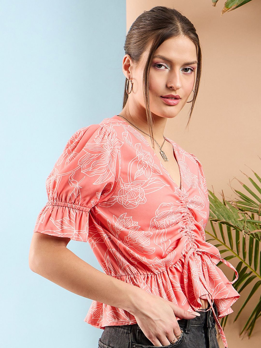 SASSAFRAS Peach Floral Printed Puff Sleeve Crop Waist Top