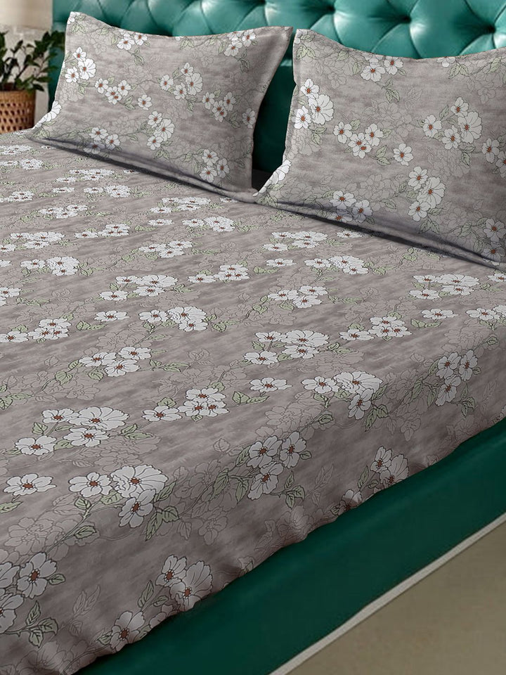 KLOTTHE Grey Floral Printed Dilengkapi 400 TC Kapas Cadar King & 2 Sarung Bantal