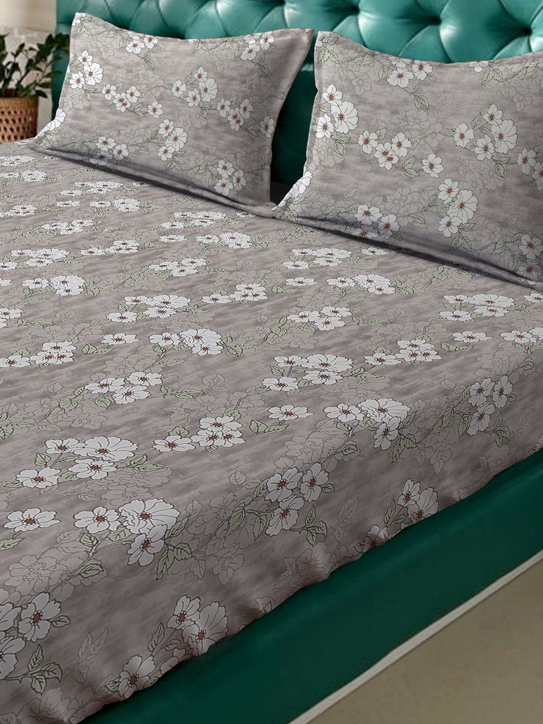 KLOTTHE Grey Floral Printed Dilengkapi 400 TC Kapas Cadar King & 2 Sarung Bantal