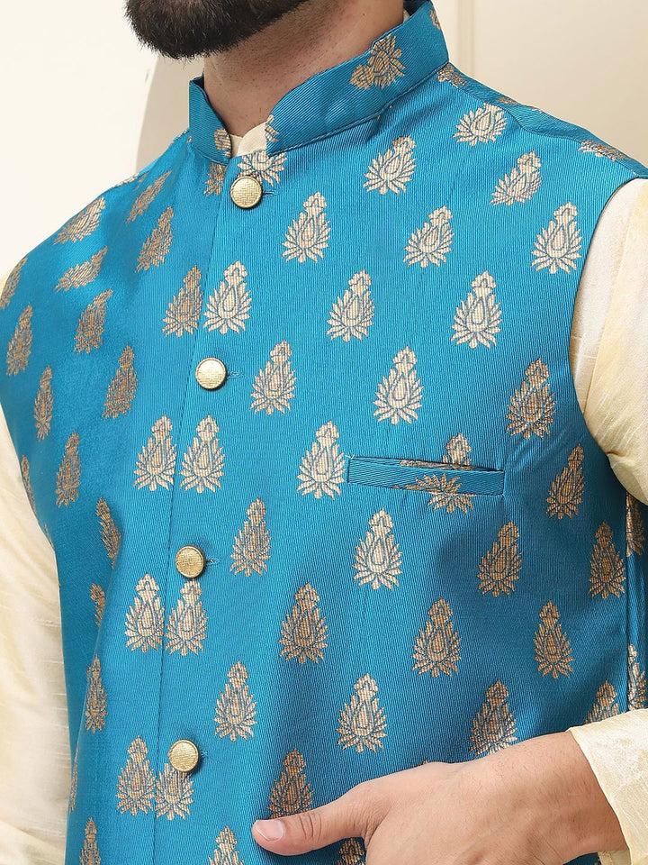 SOJANYA Kurta Kapas Sutera Kolar Mandarin Dengan Jaket Nehru Rekaan Churidar & Tenunan