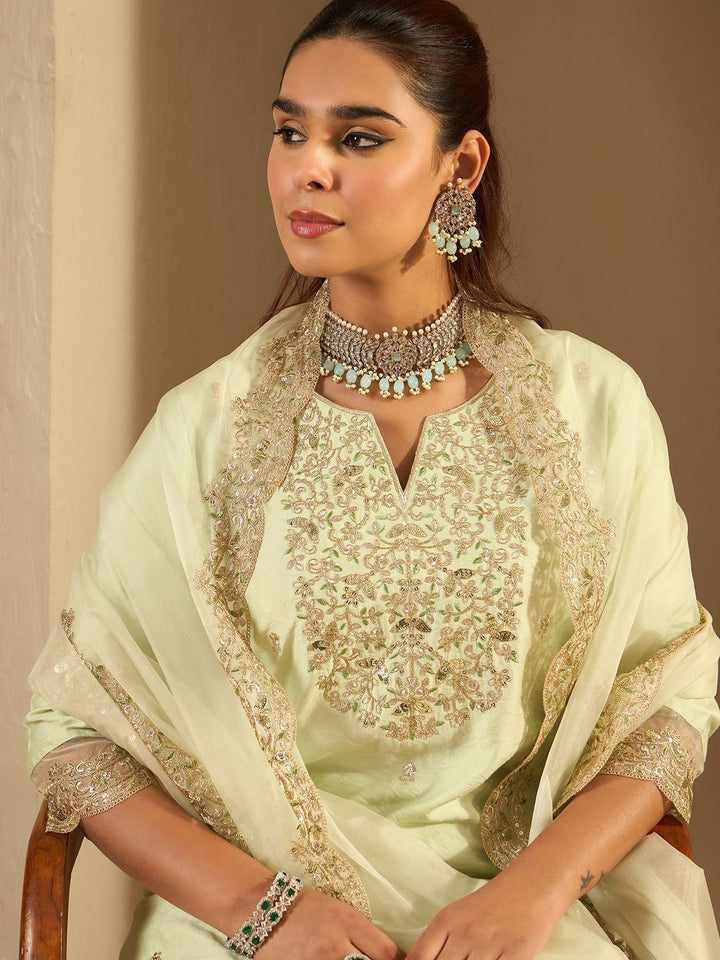 Indo Era Floral Embroidered Notched Neck Liva Straight Kurta With Trousers & Dupatta