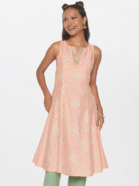 Global Desi Geometric Embroidered Sleeveless Boat Neck A-Line Kurta