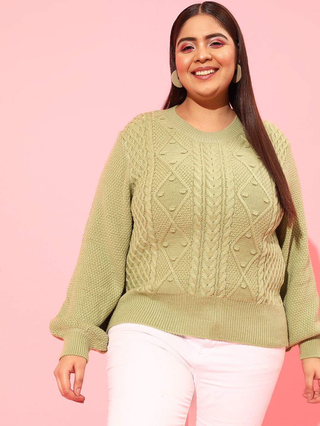 CURVY STREET Plus Size Women Green Cable Knit Acrylic Pullover