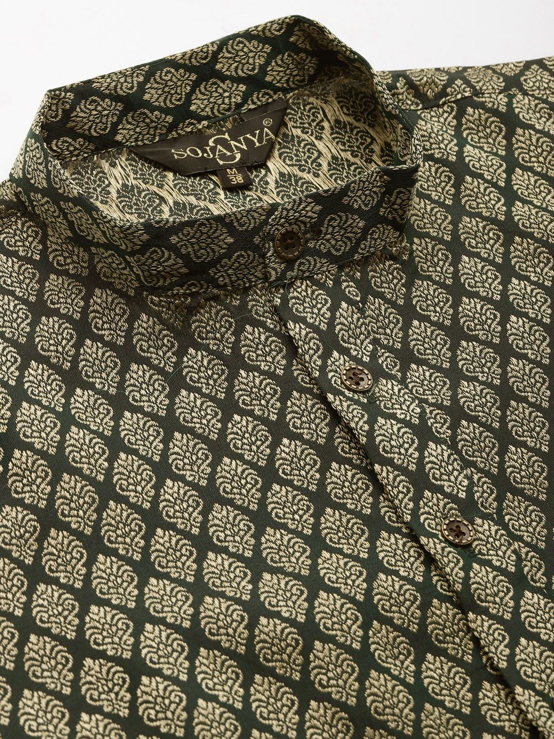 SOJANYA Lelaki Hijau Zaitun & Merah Karat Motif Etnik Jacquard Kurta Lurus dengan Churidar