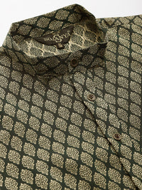 SOJANYA Lelaki Hijau Zaitun & Merah Karat Motif Etnik Jacquard Kurta Lurus dengan Churidar