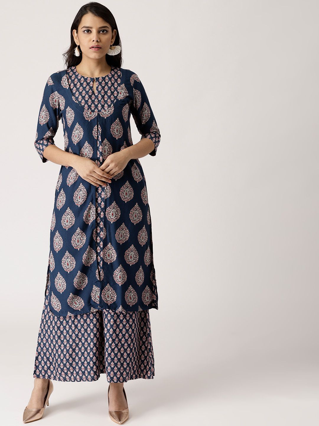 Libas Women Navy Blue & Beige Printed Kurta with Palazzos