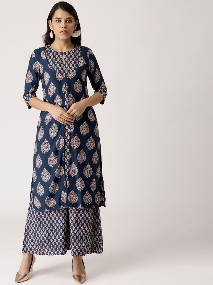 Libas Women Navy Blue & Beige Printed Kurta with Palazzos