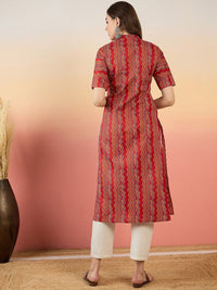 Anouk Red Chevron Printed Mandarin Collar Short Sleeves Cotton Kurta