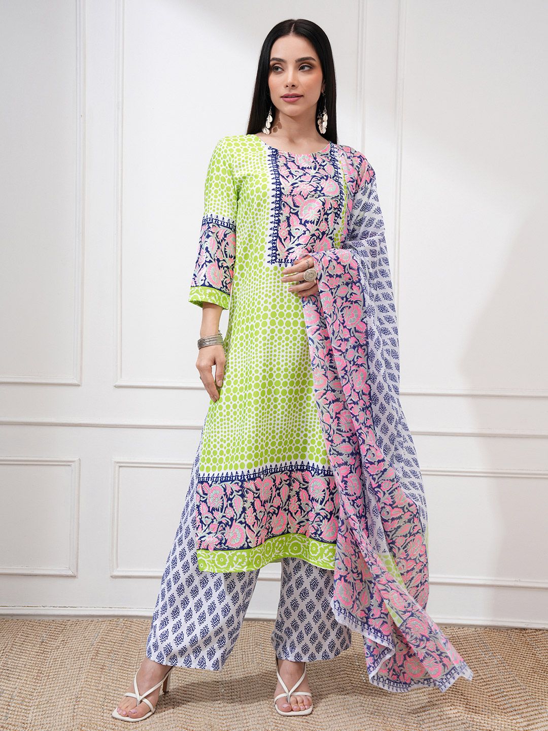 Vishudh Women Green Printed Kurti with Palazzos & With Dupatta